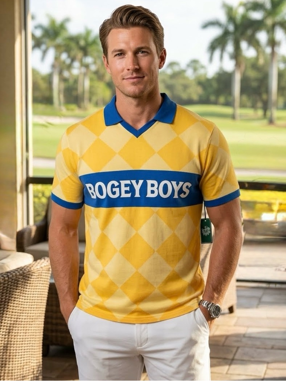 Bogey Boys by Macklemore‎ Yellow Argyle Diamond Polo Golf Shirt, Size L, NWT